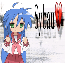 a girl with blue hair and green eyes stands in front of sybau