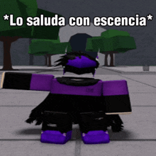 a purple and black roblox character is standing on a sidewalk with trees in the background and says " lo saluda con escencia "