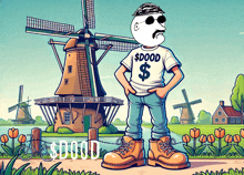 a cartoon drawing of a man wearing a $ dood shirt