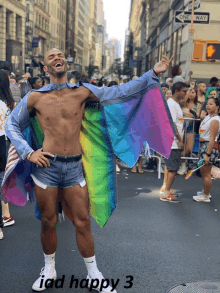 a shirtless man holding a rainbow flag stands in front of a crowd with the words iad happy 3 below him