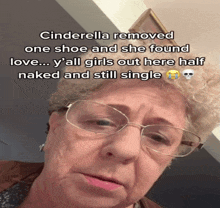 an older woman wearing glasses is talking about cinderella