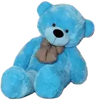 a large blue teddy bear with a bow tie