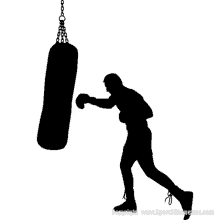 a silhouette of a boxer hitting a punching bag hanging from chains