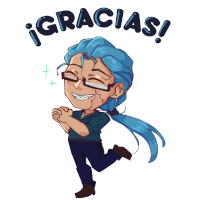 a cartoon drawing of a man with blue hair and the words gracias written above him