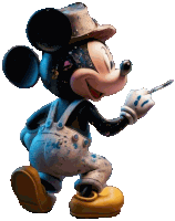 mickey mouse wearing overalls and a hat is holding a paint brush