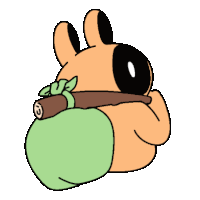 a cartoon rabbit is carrying a green bag and a stick