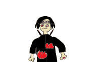 a drawing of a person wearing a black jacket with a red heart on the chest .