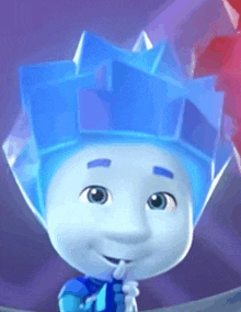 a close up of a cartoon character with a blue ice crown on his head