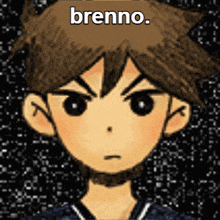 a close up of a cartoon character with the words brenno written on it