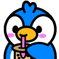 a penguin with a heart on its head is drinking through a straw