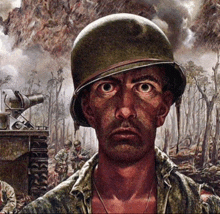 a painting of a man wearing a helmet and a tank in the background