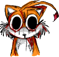 a drawing of tails from sonic the hedgehog with blood dripping from his eyes