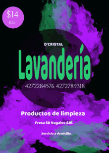 a purple and green poster for lavanderia with a price tag of $ 14 kilo