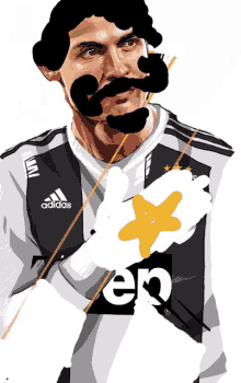 a drawing of a man with a mustache wearing an adidas shirt