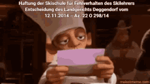 a cartoon character holding a piece of paper with the date 12.11.2014