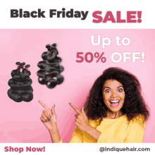 an advertisement for black friday sale with a woman pointing to bundles of hair