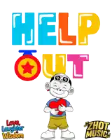 a cartoon character holding a heart in front of a help out sign