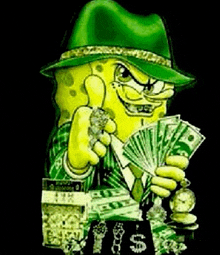 spongebob is wearing a green hat and holding a bunch of money and giving a thumbs up .