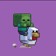 a pixel art of a zombie riding a chicken on its back .