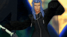 a video game character with long blue hair and a black jacket