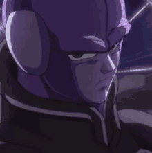 a close up of a cartoon character with a purple helmet