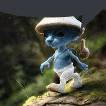 a blue smurf with a mushroom hat and a snail