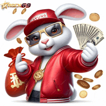 a cartoon rabbit wearing sunglasses and a hat that says ' tung ' on it