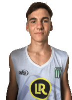 a young man wearing a racing iv jersey stands in front of a white background