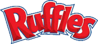 a red and blue logo for ruffles shows a lightning bolt