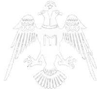 a black and white drawing of a double headed eagle with the letter m on its head .