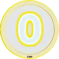a gold coin with a white letter o in the center
