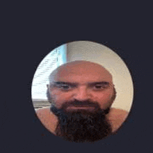 a bald man with a beard is looking at the camera through a hole in a picture frame .