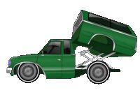 a green truck with the hood up and a lift