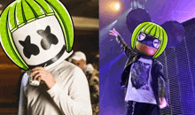 a man wearing a marshmallow mask next to a picture of a man wearing a mickey mouse mask on a stage .