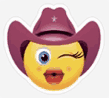 a smiley face wearing a pink cowboy hat and winks .