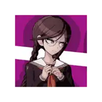 a girl with braids and glasses is standing on a purple background