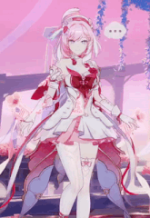 a girl with pink hair and a white dress is standing in front of a pink background