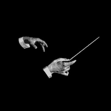 a black and white photo of a conductor 's hands holding a conductor 's stick .