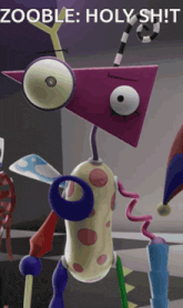 a colorful cartoon character with the words zooble holy shit on the bottom