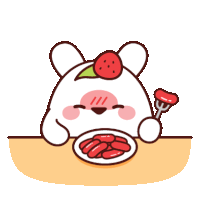 a cartoon bear with a strawberry on its head is eating a plate of food