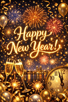 a happy new year greeting card with fireworks balloons and champagne glasses