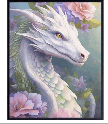 a painting of a white dragon surrounded by pink and blue flowers