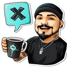 a man with a beard is holding a cup of coffee and a speech bubble with an x on it