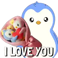 a penguin holding a stuffed animal with the words " i love you " on the bottom