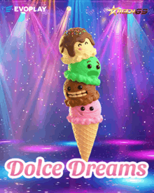a stack of ice cream cones with the words dolce dreams below them