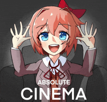 a poster for absolute cinema shows a girl with her hands up