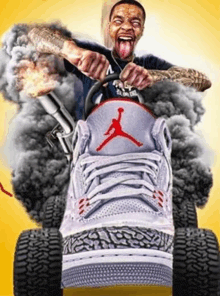 a man is driving a giant shoe with smoke behind him