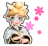 a sticker of a boy with yellow hair and blue eyes with pink flowers in the background