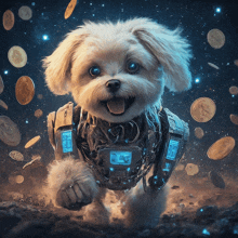 a small dog is wearing a futuristic outfit and surrounded by coins and stars