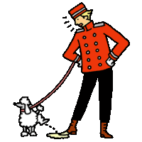 a man in a red jacket is walking a white poodle on a leash .